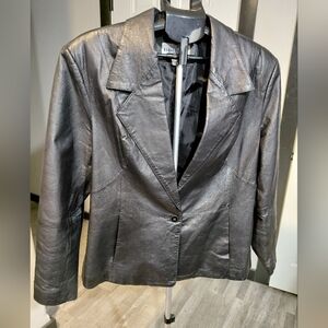 Bedford Fair Womens Black Leather Double Breasted Blazer Jacket One Button SZ 20